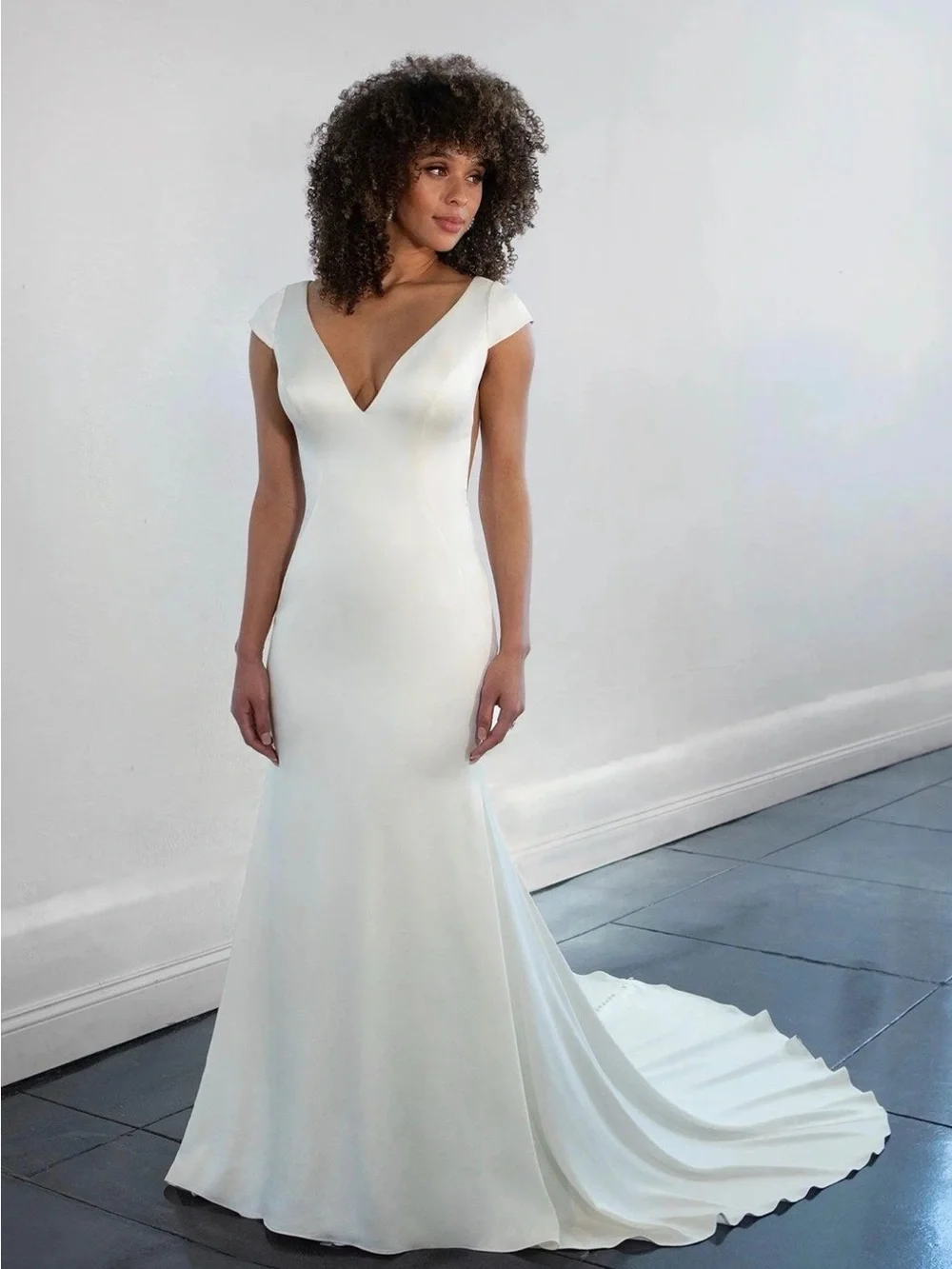 Martina Liana Ivory Satin V-Neck Bridal Gown with Long Train